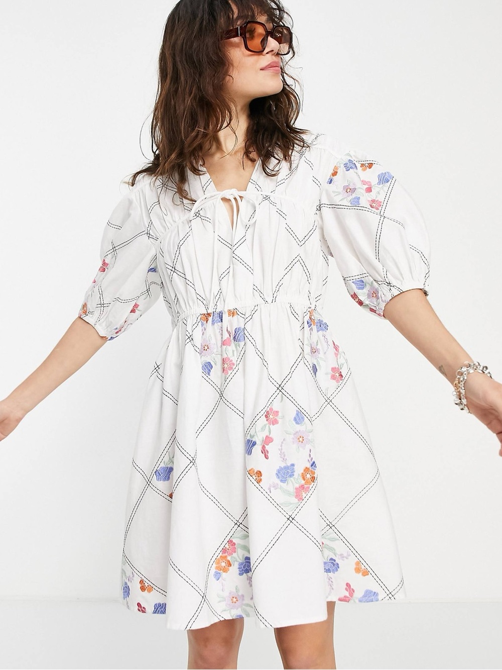 ASOS Tie Front Mini Smock Dress in Patchwork Floral Embroidery in White